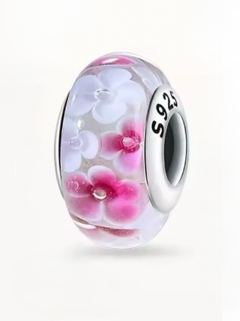 Pink & White Floral  Murano Glass Bead | S925 Sterling Silver Charm